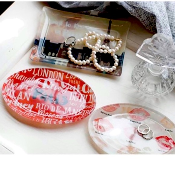 Boston Warehouse Other - Love Paris Glass Plate Organization Jewelry Trinket Tray Set 3 Pieces